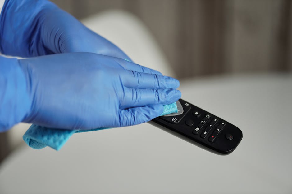 Close-up of a person wearing black clothing and brown rubber gloves adjusting a small lightbox sign that reads 'CLEANING HOME' on a wooden table in a modern living room with a dark sofa, a coffee tabl